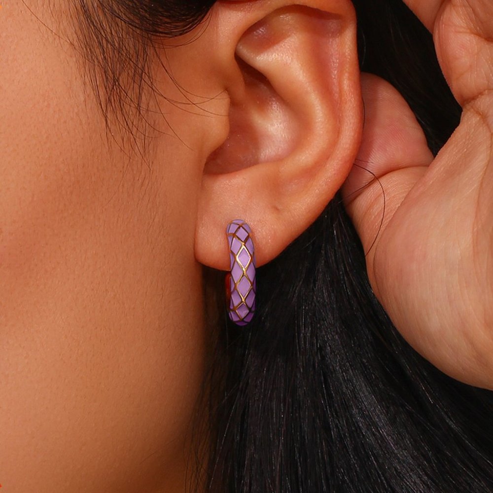 Lilac Purple Enamel Geometric Pattern Hoop Earrings 18K Gold Plated Stainless - Picture 4 of 11